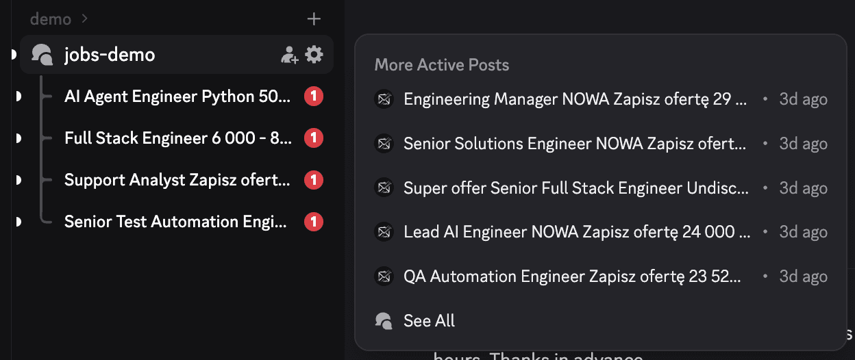 Discord forum channel sidebar showing NotiFast job listing alerts as individual threads