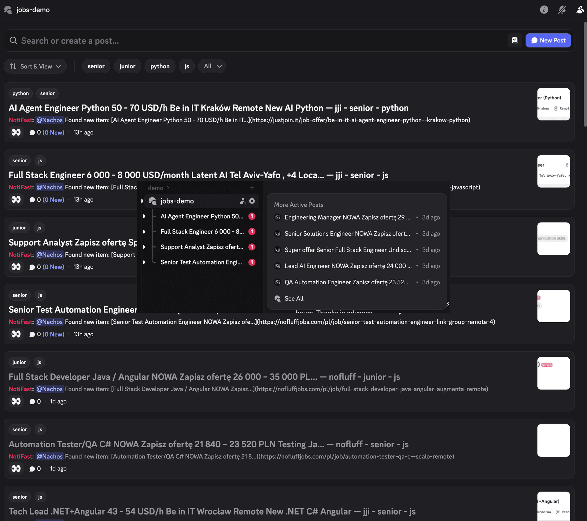 Discord forum channel with NotiFast job listing threads showing tags, details, and source links