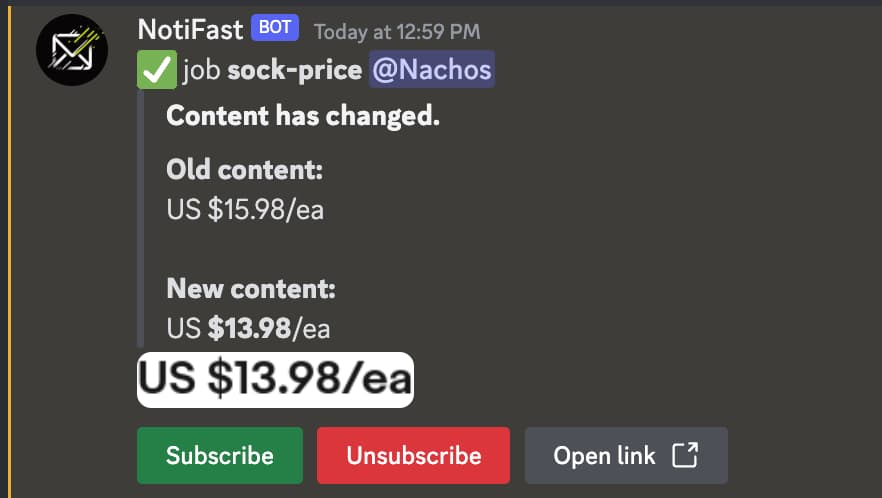 NotiFast Discord notification showing a price change detected on a product page